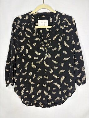 Amour Vert Black and White Blouse Botanical Fern 100% Silk American Made Medium